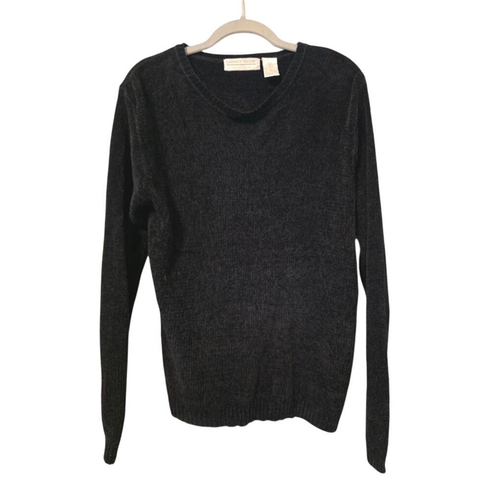Vintage Carolyn Taylor Black Chenille Sweater Women L V Neck 90s Soft Pullover